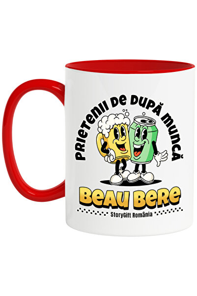 StoryGift Romania Cana Prietenii de dupa munca beau bere iubire relax, 330ml, Ceramic cu Maner Ros, Cu Maner Rosu