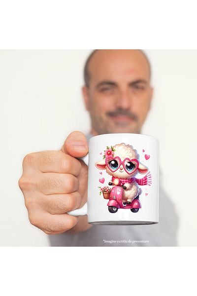 StoryGift Romania Cana cu o oita care conduce un scuter | ilustratie | plimbare | viteza | cosulet, Cu Maner Alb
