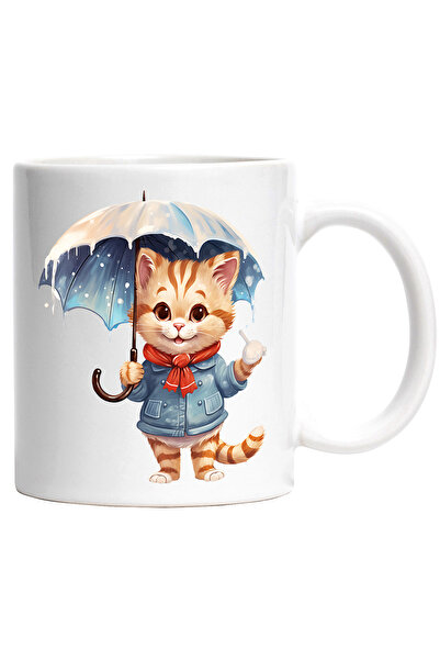 StoryGift Romania Cana cu o pisica vesela care tine o umbrela deschisa | ilus...