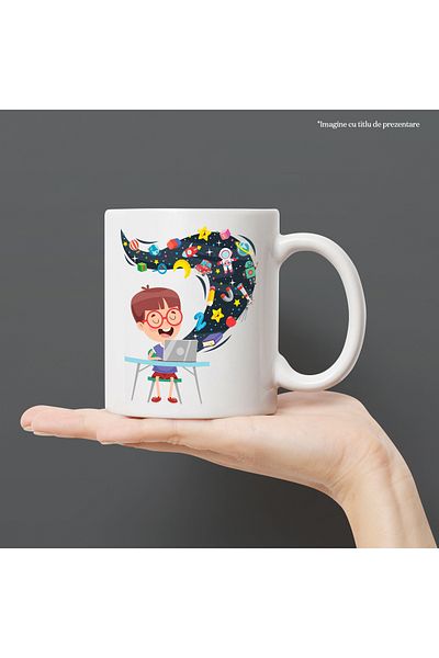 StoryGift Romania Cana Cu Copil, Laptop, Scaun, Spatiu, Luna, Astronaut, Robot, Stiinta, Multicolo, Cu Maner Alb