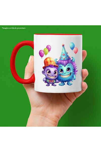 StoryGift Romania Mug with 2 happy creatures | illustration | birthday | balloons | purple | blue, With ,STG