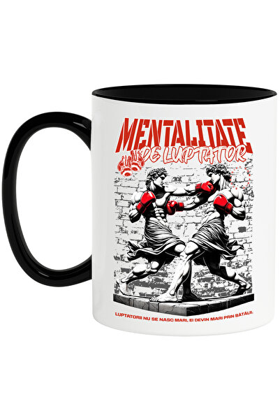 StoryGift Romania Cana Statui grecesti lupta box mentalitate de luptator, 330ml, Ceramica cu Maner, Cu Maner Negru