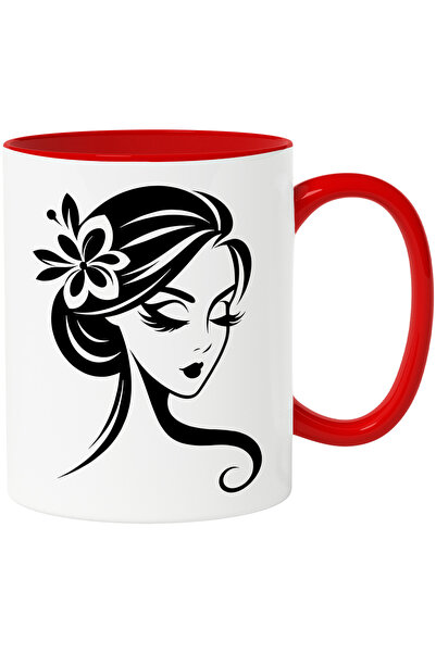 StoryGift Romania Cana cu o femeie frumoasa - floare in par cu Maner Rosu, Cu...