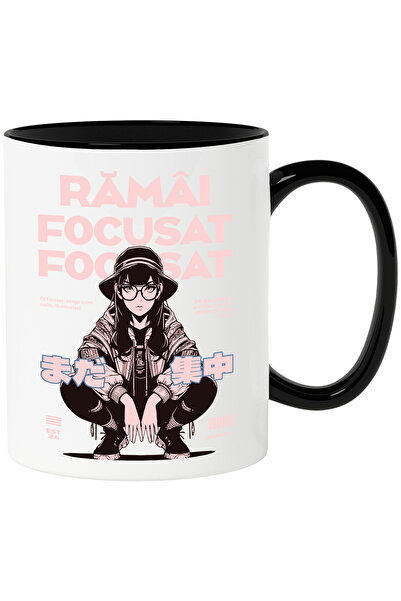 StoryGift Romania Mug Stay Focused. Urban Woman Anime Style Drawings, 330ml, Ceramic with Black Handle, With Black Handle