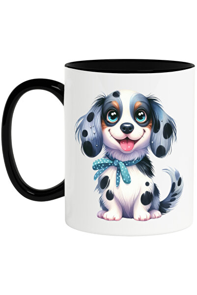 StoryGift Romania Cana cu un catel vesel, ilustratie, limba scoasa, jucaus, alb, pete negre, urech, Cu Maner Negru