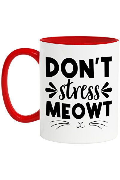 StoryGift Romania Cana pentru iubitorii de pisici cu mesajul in engleza "Don't stress, meowt" - nu, Cu Maner Rosu