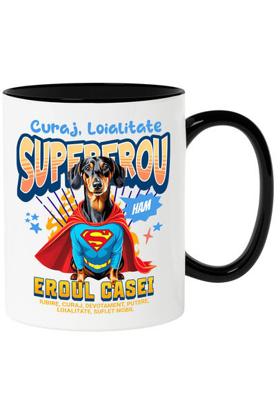 StoryGift Romania Cana cu Teckel / Dachshund Caine In Costum de SuperMan cu Pelerina, Erou Nocturn, Cu Maner Negru