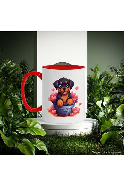 StoryGift Romania Mug with a cheerful puppy sitting in a pot | illustration | lots of heart, With ,STG