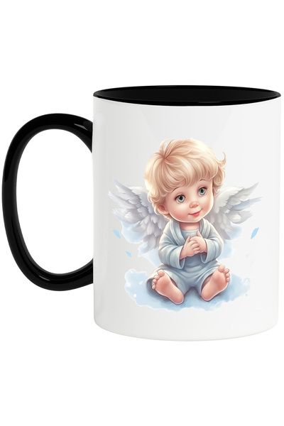 StoryGift Romania Cana cu un bebelus cu aripi de ingeras | ilustratie | cuminte | blond | ascultat, Cu Maner Negru