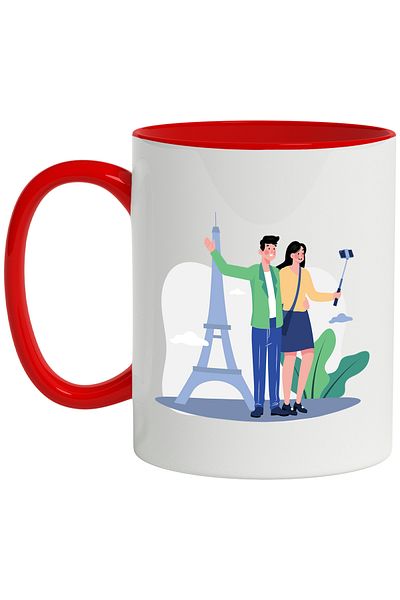 StoryGift Romania Cana Cu Franta, Turism, Turnul Eiffel, Telefon, Multicolor 330 ml, Ceramica cu M, Cu Maner Rosu