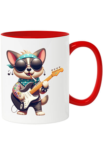 StoryGift Romania Cana cu un catel rocker care canta la chitara | ochelari negri | ilustratie | ti, Cu Maner Rosu