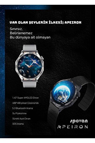 Spovan Apeiron Sesli Görüşme BT 5.3 Tansiyon Ölçer Su Püskürtme Türkçe Akıllı Saat