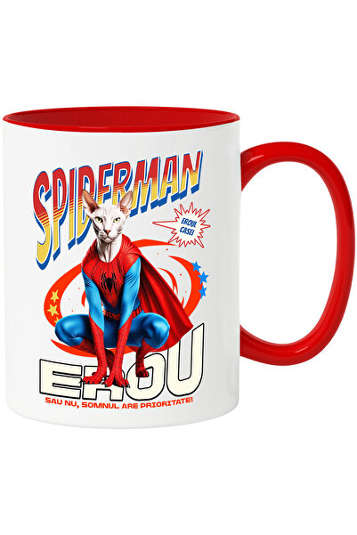 StoryGift Romania Cana cu Sphynx Pisica In Costum de SpiderMan cu Pelerina, Erou Nocturn, Desene a, Cu Maner Rosu