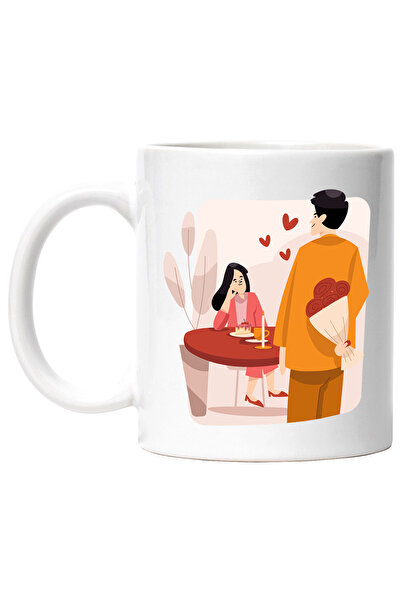 StoryGift Romania Cana Cu Cuplu, Cina, Inimi, Buchet De Flori, Tort, Multicolor 330 ml, Ceramica c, Cu Maner Alb