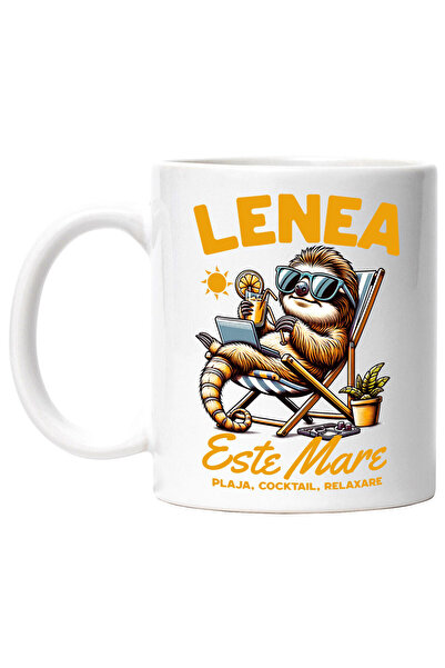 StoryGift Romania Cana cu Animal Lenes Relaxare la plaja Pe Sezlong Cu Laptop...