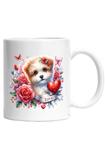 StoryGift Romania Cana cu un catelus inconjurat de trandafiri cu mesajul "Lov...