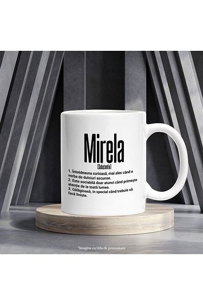 StoryGift Romania Cana Cu Numele Mirela, si Mesaj Amuzant, Curioasa, Sociabila, Galagioasa, 330ml,, Cu Maner Alb STG