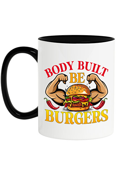StoryGift Romania Cana cu un hamburger cu muschi cu mesajul "Body built, be burgers", ardei, carne, Cu Maner Negru