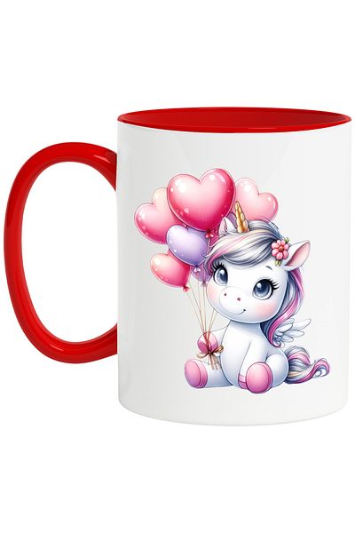 StoryGift Romania Mug with a unicorn holding heart-shaped balloons, illustration, love, , With ,STG