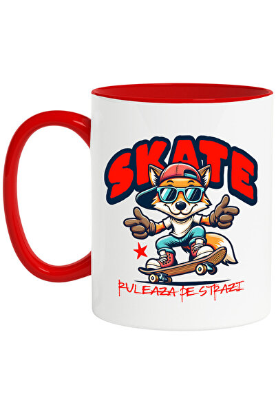 StoryGift Romania Cana cu Vulpe Stil Stradal Modern Pe Placa De Skateboard Sport Adolescent Text I, Cu Maner Rosu