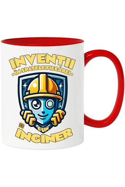 StoryGift Romania Cana Om Cu Casca DE Protectie Text in spatele fiecarei inventii, e un inginer, 3, Cu Maner Rosu