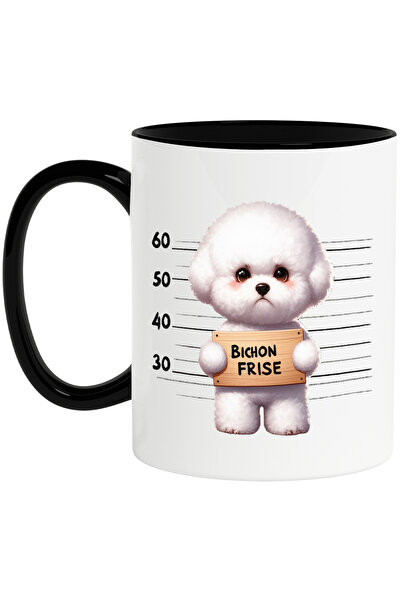 StoryGift Romania Cana cu Bichon Frise, caine, animal de companie, ilustratie, la inchisoare, tris, Cu Maner Negru