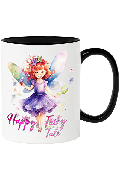 StoryGift Romania Cana cu o fetita zana cu mesajul "Happy Fairy Tale", basm, ilustratie, vesela, f, Cu Maner Negru