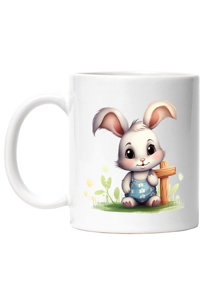 StoryGift Romania Cana cu un iepure alb vesel | ilustratie | fericire | natura | plante | iarba | , Cu Maner Alb