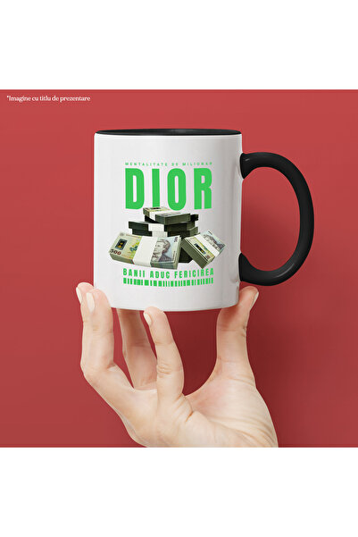 StoryGift Romania _Dior_ Mug - Money Brings Happiness, 330ml, Ceramic with Black Handle, With Black Handle