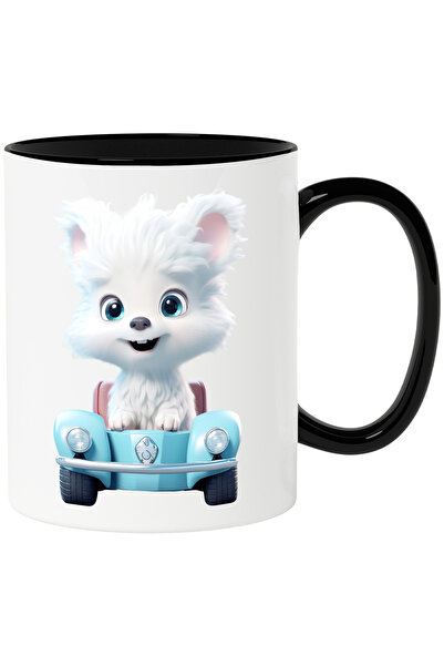 StoryGift Romania Cana cu Portret Animalut Alb si Micut, in Masina Turcoaz, A...