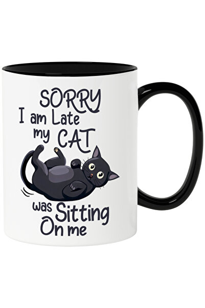 StoryGift Romania Cana cu pisica neagra cu mesajul "Sorry I am late, my cat w...