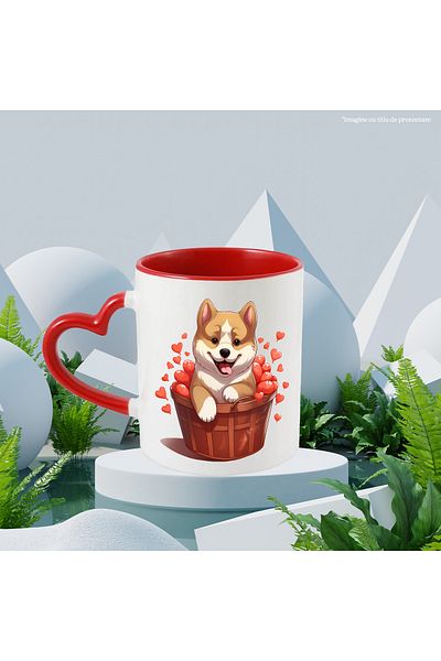 StoryGift Romania Mug with a cheerful puppy sitting in a basket | illustration | playful | hearts | , With ,STG .