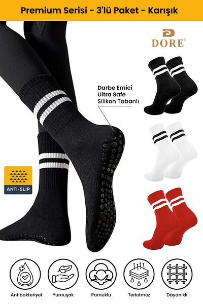 Dore Original Unisex 3 Pairs Non-Slip Pilates and Yoga Plates Non-Slip Sole Socks Black White Red