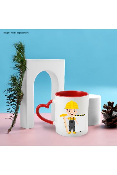StoryGift Romania Cana Cu Muncitor, Constructii, Masurat, Casca, Salopeta, Cizme, Multicolor 330 m, Cu Maner Inim