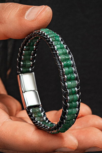 OSMANLI GÜMÜŞ Erkek Kadın Yeşil Aventurin Taşlı Deri Kordon Doğal Taş Bileklik