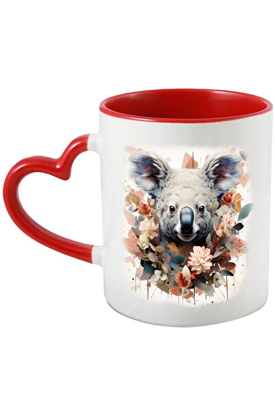 StoryGift Romania Cana Cu Urs Koala, Flori, Frunze, Ilustratie Abstracta, Multicolor 330 ml, Ceram, Cu Maner Inim