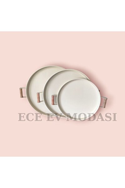 EceAksesuar Tepsi Seti Ahşap Kulplu Krem Metal Çay Tepsisi Kahve Sunum Kahval...