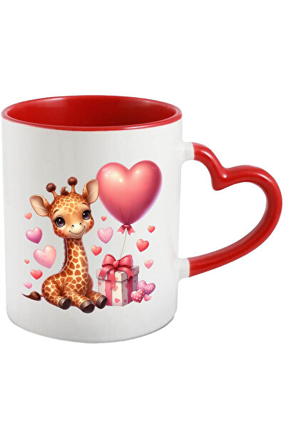 StoryGift Romania Cana cu un pui de girafa vesel | ilustratie | inimioare | cadou | fericire | bin, Cu Maner Inim