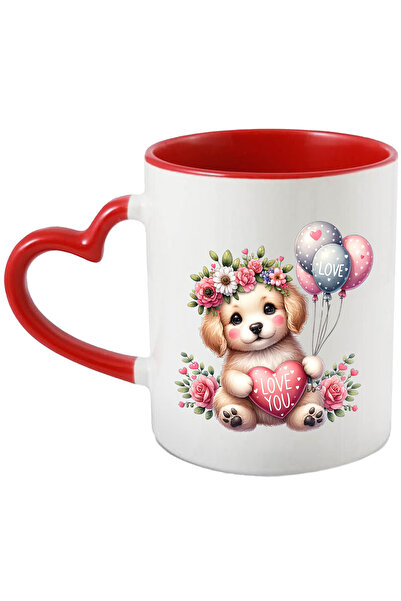 StoryGift Romania Cana cu un catelus care tine o inimioara pe care scrie "Lov...
