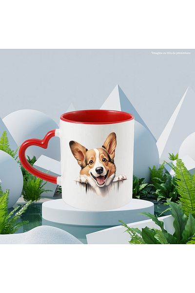 StoryGift Romania Cana cu un caine din rasa Corgi care sta atarnat pe gard | ilustratie | vrea sa , Cu Maner Inim