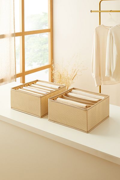 Ocean Home Textile Σετ 2 6 τμημάτων Μπεζ Ψαροκόκκαλο Συρταριέρα Organizer Box 28 x 28 x 13 cm