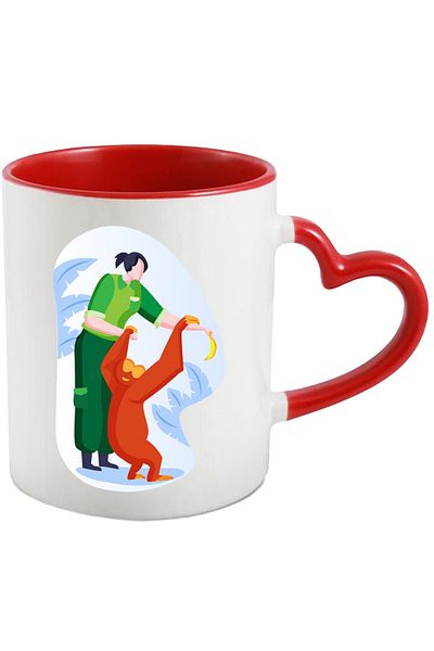 StoryGift Romania Cana Cu Banana, Ingrijitor, Maimuta, Multicolor 330 ml, Ceramica cu Maner Inima , Cu Maner Inim