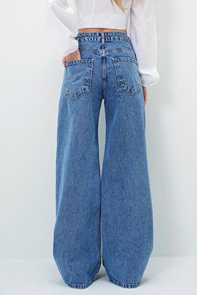 VAGGON Kadın Mavi Yüksek Bel Vintage Yıkamalı Buggy Kesim Jean Pantolon Prmx13952