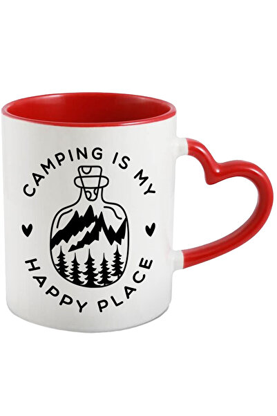 StoryGift Romania Cana Cu Mesaj In Engleza Camping is My Happy Place, Munte, Padure, Sticla, Alb N, Cu Maner Inim