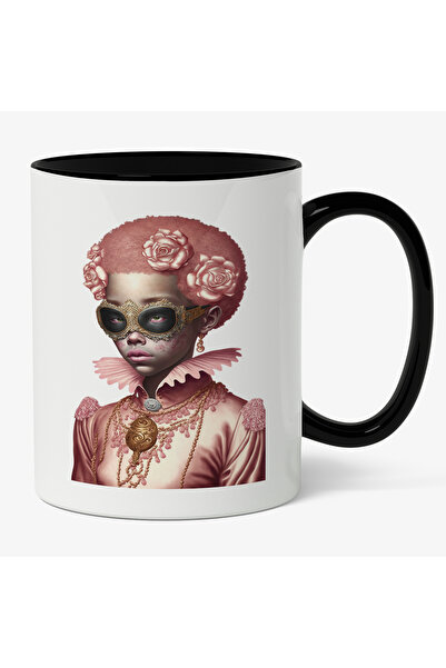 StoryGift Romania Cana Cu Portret Femeie Cu Par Cret Roz Si Flori Roz, Tinuta Cu Guler inalt Roz, , Cu Maner Negru