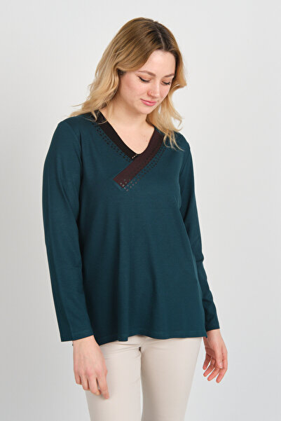 Detay Triko بلوزة نسائية بأكمام طويلة وفتحات جانبية وفتحات جانبية 5709 زمرد