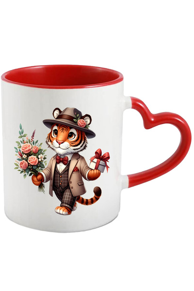 StoryGift Romania Cana cu un tigru care tine un buchet cu flori si un cadou |...
