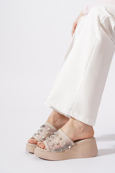 Moda Pie Γυναικείες παντόφλες Renas Mesh Buckle Beige Skin