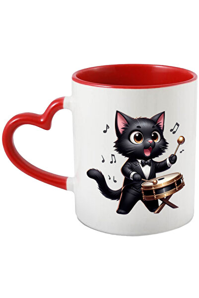 StoryGift Romania Cana cu o pisica neagra care bate la o toba, ilustratie, muzica, note, ritm, ins, Cu Maner Inim