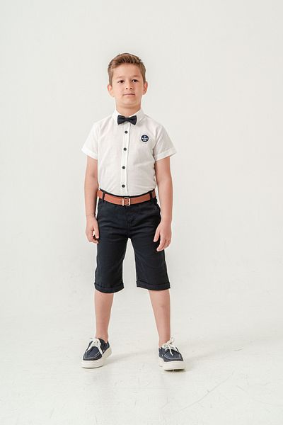 Esterella Boy / Short Sleeve Shirt Lapel Bow Tie Suit/Oxford Shirt - Shorts / Belted Shorts Suit